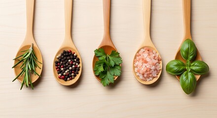 Wooden Spoons with Herbs and Spices.