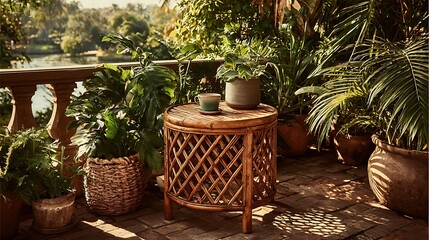 Fototapeta premium Outdoor bamboo furniture set in green garden high resolution picture