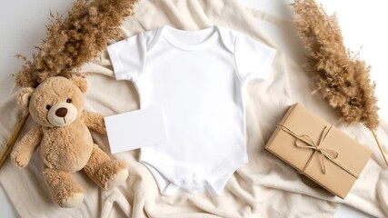 Baby bodysuit with teddy bear, and gift and card.
