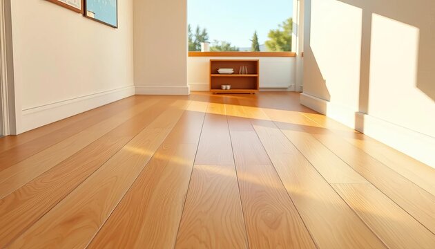 Gleaming light oak parquet floor, sunlit planks,  timber,  photography