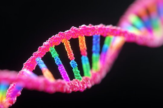 Glowing DNA helix rendered in vibrant neon colors, showcasing intricate details and luminous strands, representing the essence of genetic science and innovation