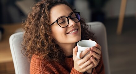 Close-up of a serene young woman smiling with eyes closed, holding a warm mug of tea. Content woman with glasses enjoying the aroma of her morning coffee at home.