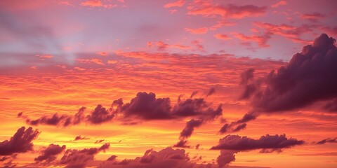 Fiery orange, pink, and purple hues paint the evening sky, clouds ablaze with sunset color, background, dusk
