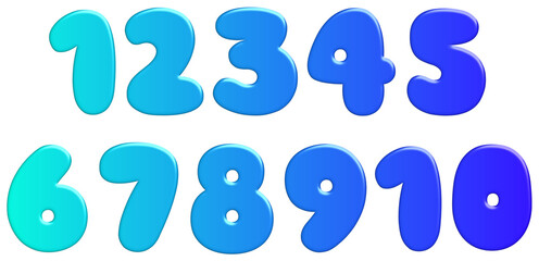 A fun 3D cartoon numbers vector set (1-10) for kids' birthday party decorations & children's educational games. This bubbly, glossy blue font is a fully editable 