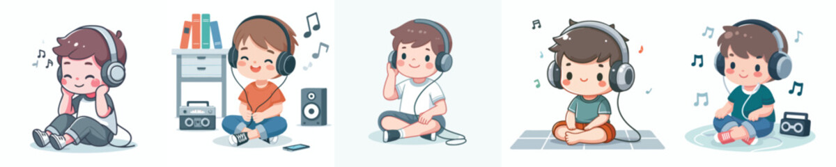 vector of a little boy sitting on the floor listening to music on headphones