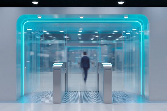 Futuristic metro entrance featuring biometric scanning technology, illuminated with vibrant blue lights, showcasing sleek design and modern architecture in a high-tech urban environment