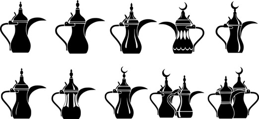 Old arabic teapot icons set. Black silhouettes of dallah coffee pots, showcasing arabian tradition and hospitality
