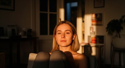 Contemplative young woman sitting in a sunbeam at home during golden hour. Atmospheric portrait of a thoughtful woman in dramatic sunlight and shadow.