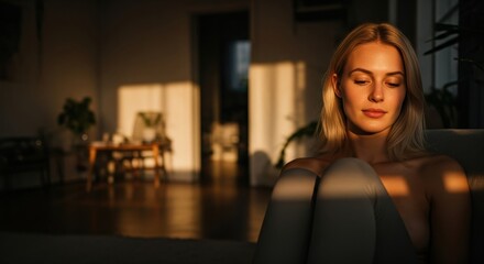 Contemplative young woman sitting in a sunbeam at home during golden hour. Atmospheric portrait of a thoughtful woman in dramatic sunlight and shadow.