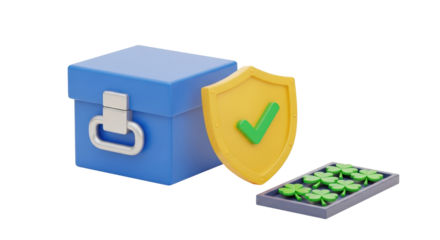 Secure Money Storage Box with Protection Shield Icon 3D Render.