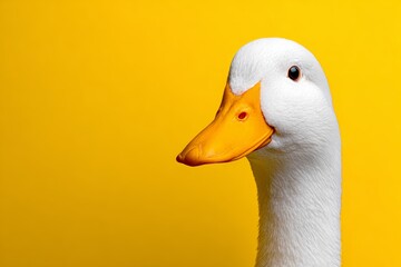 Close-up of white duck with yellow beak against vibrant yellow background