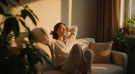 Serene woman relaxing on a sofa, basking in the warm morning sunlight at home. Peaceful moment of self-care: a young woman enjoying the golden hour in her living room.