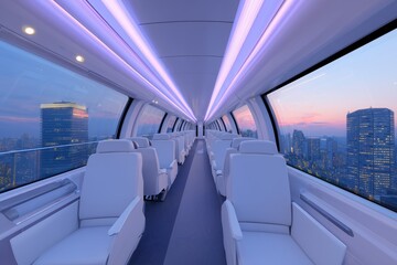 Fototapeta premium Sleek futuristic train interior showcasing large panoramic windows, illuminated by soft ambient lighting, creating a modern and inviting atmosphere for travelers