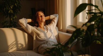 Serene woman relaxing on a sofa, basking in the warm morning sunlight at home. Peaceful moment of self-care: a young woman enjoying the golden hour in her living room.