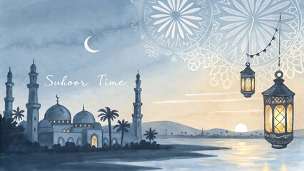 Suhoor Time Mosque Illustration with Lanterns
