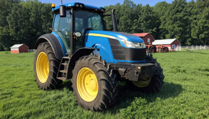 Obraz premium Blue Tractor on Green Farm Field with Red Barn Background.