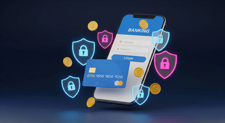 A smartphone displaying a banking app login page with a credit card, surrounded by coins and security shield icons, symbolizing secure online banking.
