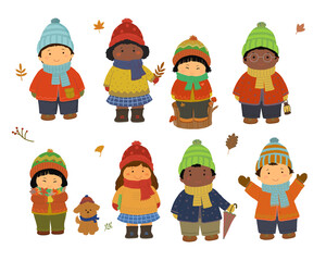 Set of multiethnic children  in cozy sweaters and scarves / autumn clothing