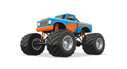 Cartoon Vector Illustration of a Blue and Orange Monster Truck with Oversized Tires on White Background