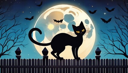 A black cat silhouette perched on a fence under a glowing full moon, surrounded by flying bats and barren trees, creating a spooky Halloween night scene.