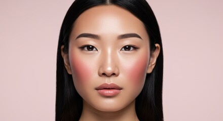 Fototapeta premium A close-up portrait of a woman with applied blush, showcasing a smooth complexion and a delicate touch of color.