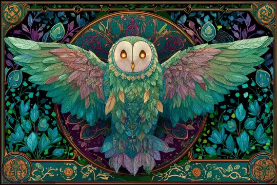 Colorful mandala owl with outstretched wings in a floral background