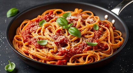Deliciously saucy spaghetti in a pan with fresh basil.