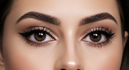 Obraz premium Close-up of a woman's eyes with meticulously applied makeup, showcasing defined eyebrows, eyeliner, and mascara, evoking a sense of elegance and sophistication.