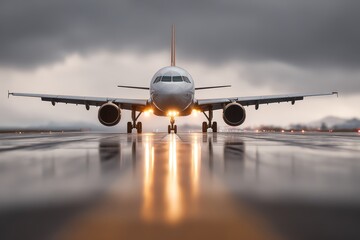 Naklejka premium Passenger airplane on wet runway in stormy weather with dramatic skies