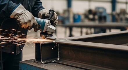 Metalworker using grinder on steel beam in a factory.