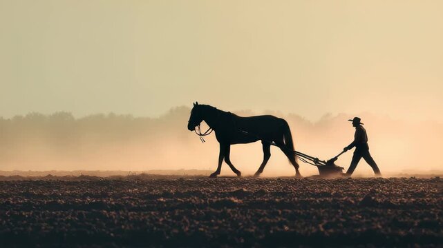 Horse pulls plow across serene countryside field at dawn with farmer guiding the animal