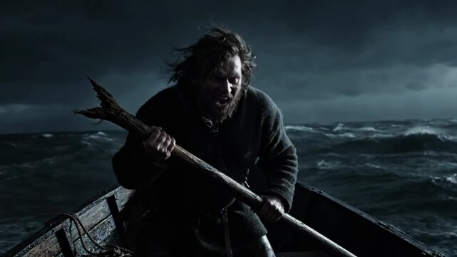 Intense cinematic scene of a man in a small boat battling a violent ocean storm with huge waves under dark skies epic survival struggle