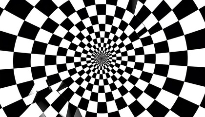 A mesmerizing black and white checkered pattern radiates outward from a central vanishing point, creating an optical illusion of depth and movement.