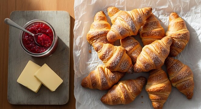 A top view of croissants with powdered sugar, jam, and butter on a wooden surface and parchment paper