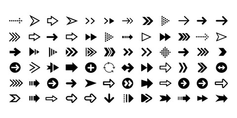 Arrow icon set, arrow cursor collection, different arrow signs, black arrows icons. Modern simple arrows. Black arrow pointing to the right. Black direction pointer. Vector illustration.