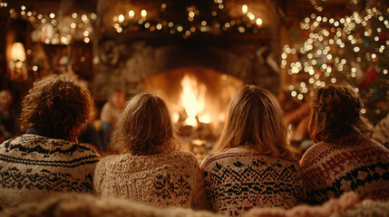 Group of friends wearing Christmas sweaters celebrate Christmas together by the cozy fireplace, laughing and smiling, enjoying the holiday decorations, in a warm festive atmosphere