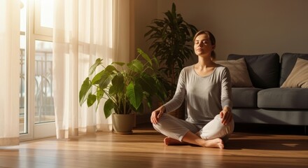 Woman practicing yoga and meditation on a mat in her sunlit modern living room. Peaceful morning routine: A woman finds inner balance with meditation at home.