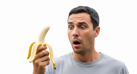 A man with a shocked expression holds a peeled banana, humorously representing themes of male sexual health, erectile dysfunction, and male enhancement.