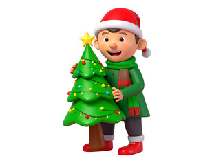 Fototapeta premium 3D cartoon Christmas character happy boy with tree illustration isolated on transparent background PNG