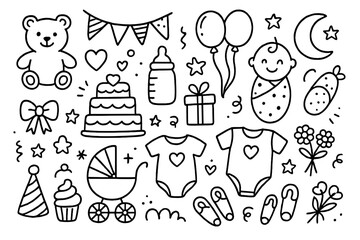 Baby shower doodle collection. Big set of hand drawn cute cartoon vector illustrations for newborn celebration. Line art icons for party invitation, greeting card design.