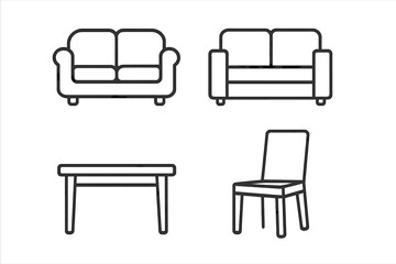 Furniture line icon set with couch, sofa, table, and chair. Minimal pictogram collection for interior design. Simple outline symbol with editable stroke vector illustration.