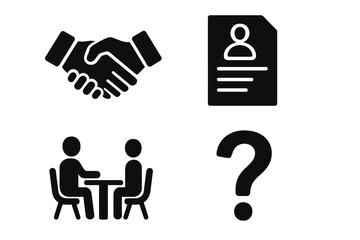 Recruitment and business vector icon set. Silhouettes of a job interview, resume CV, handshake partnership, and question mark symbol for help desk, support or FAQ. HR concept.