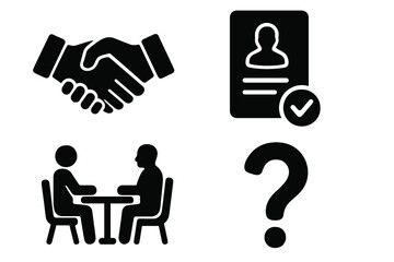 Business icon set for recruitment and hiring process. Vector silhouettes of job interview, resume, handshake agreement, and question mark for HR and corporate concepts.