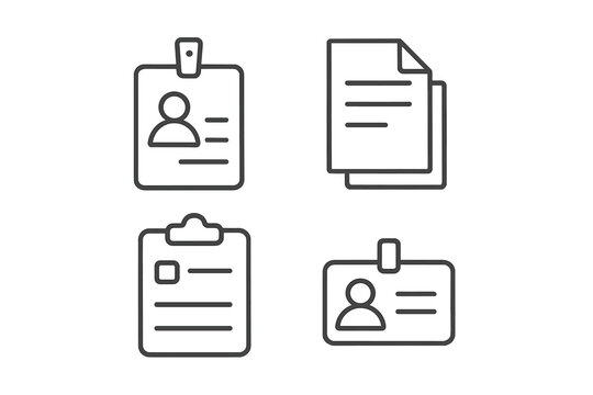 Employee badge and ID card line icon set. Personal data, documents, and clipboard vector icons. Minimalist pictograms with editable stroke for business identity concepts.