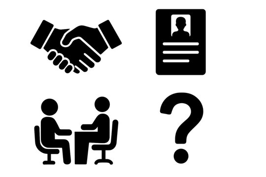 Business icon set for recruitment and human resources. Silhouettes for job interviews, CV resumes, and agreements. Icons for career, hiring process, partnership, and help desk.