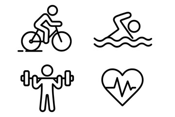 Obraz premium Vector line art fitness icons set. Cycling, swimming, strength training, and heart health symbols. Healthy lifestyle, exercise, and sport pictogram collection for web and apps.