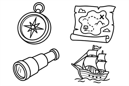 Pirate adventure line art set. Cartoon vector icons of a compass, treasure map, spyglass, and sailing ship. Sea exploration, navigation, and treasure hunt concept symbols.