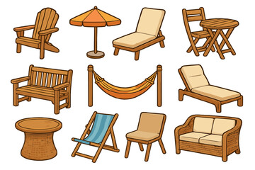 Outdoor furniture icons set. Garden and patio recreation essentials for summer relaxation. Vector cartoon clip art collection of chair, table, hammock, and lounger.