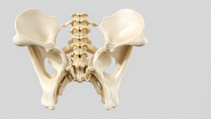 Naklejka premium Detailed view of human pelvis and spine anatomy displayed for educational purposes in a clean, bright environment