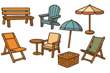 Outdoor furniture icon set for relaxation and recreation. Vector cartoon illustration of garden and patio essentials like bench, chair, umbrella, and table for summer design.